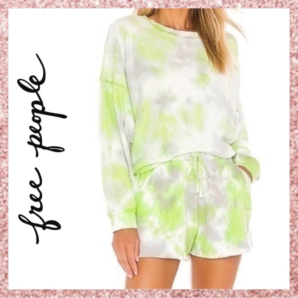 NWT Free People Kelly Washed Tie Dye Sweatshirt Short Set in Citron/Gray Large L